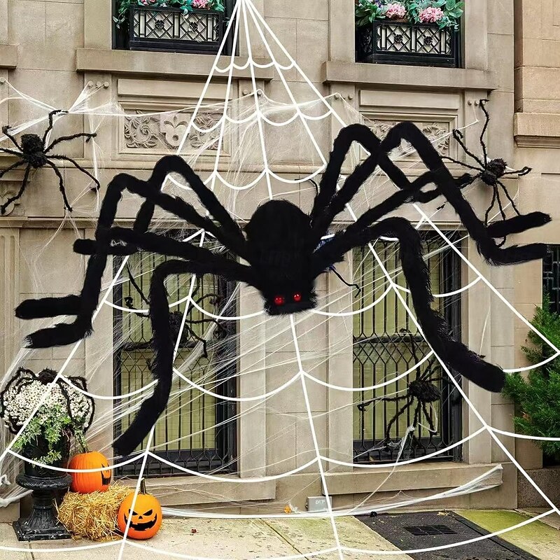 16.5Ft Large Spider Web + 5Ft Hairy Spider & Stretch Cobwebs Halloween Decorations Scary Fake Spider with Triangular Huge Spider Web Large Props for Outdoor Indoor Haunted House Porch Yard