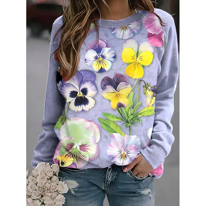 Women's Pullover Sweatshirt Floral Fashion Casual Long Sleeve Crew Neck Regular Tops Home Street Dailywear Print Purple Fuchsia Violet Spring Fall2