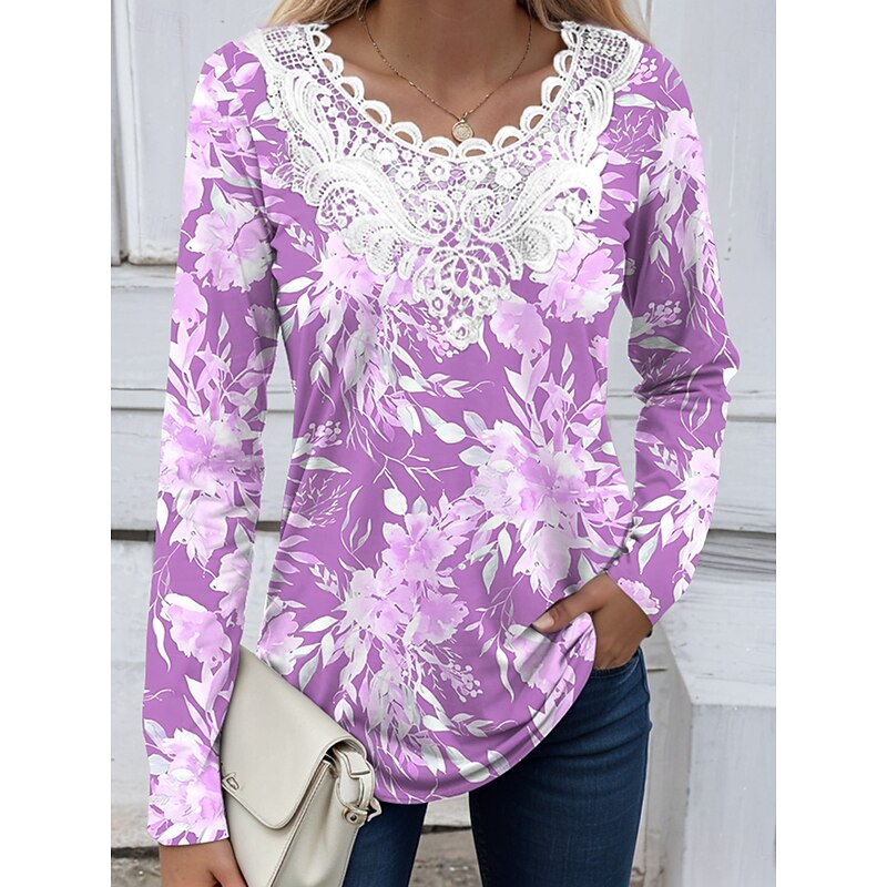 Women's Blouse Tunic Lace Splicing V Neck Long Sleeve Floral Graphic Plants Vintage Casual Crew Neck Regular Tops Daily Going out Weekend Lace Patchwork Print Blue Purple Green Rose Pink Spring Fall4