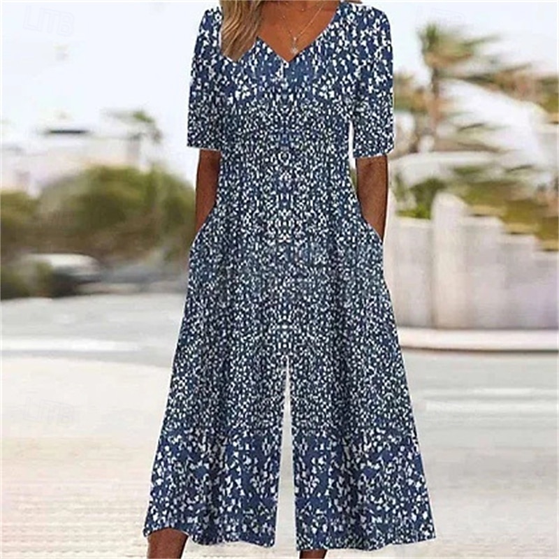 Women's Normal Jumpsuit Streetwear Floral Short Sleeve Wide Leg V Neck Pocket Print Street Daily Regular Fit Royal Blue Blue Summer - Main Image