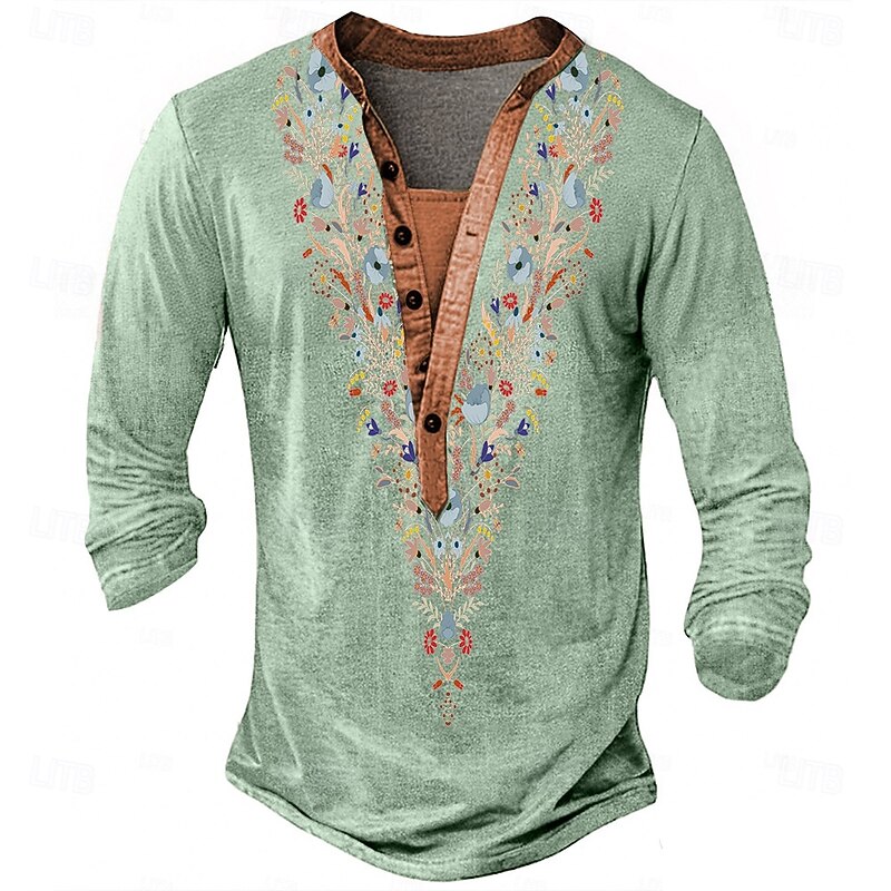 Men's Print Ethnic T Shirt Henley Shirt Long Sleeve Designer Retro Vintage Ethnic Street Casual Daily Summer Spring Fall Blue Green Khaki Grey Henley Henley T-Shirt