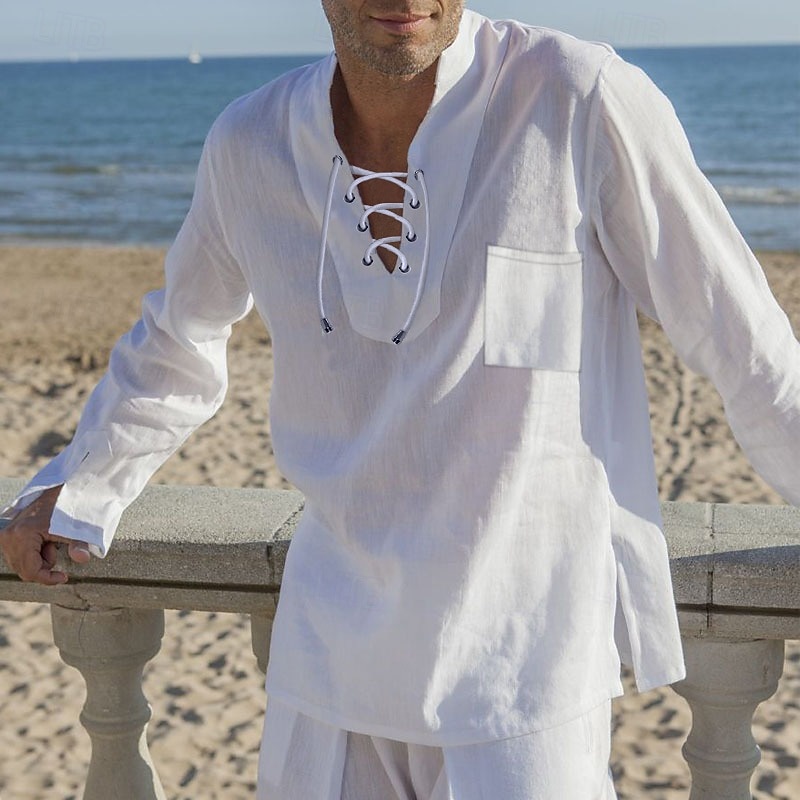 Men's Cotton Linen Shirt White Cotton Shirt Summer Shirt Casual Shirt Plain Casual Daily White Long Sleeve V Neck Spring & Summer Clothing Apparel Drawstring