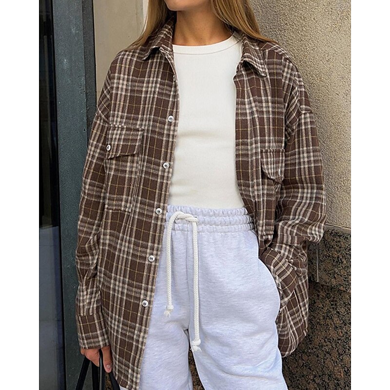 Women's Shirt Plaid Daily Stylish Basic Long Sleeve Shirt Collar Regular Tops Work Daily Holiday Buttons Army Green Navy Blue Brown Spring Fall2