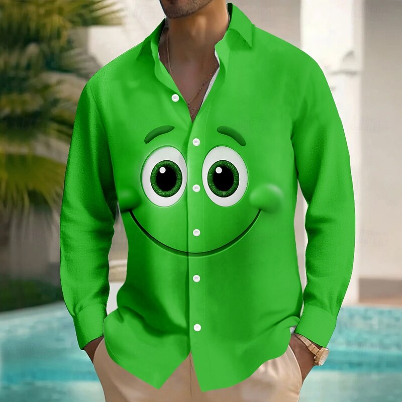 Men's Cartoon Funny Smile Face Shirt Button Up Shirt Long Sleeve Fashion Casual Outdoor Daily Streetwear Spring Fall Turndown 3D Print Front One Pocket Linen Like Shirt Purple Orange Green Dark Blue2