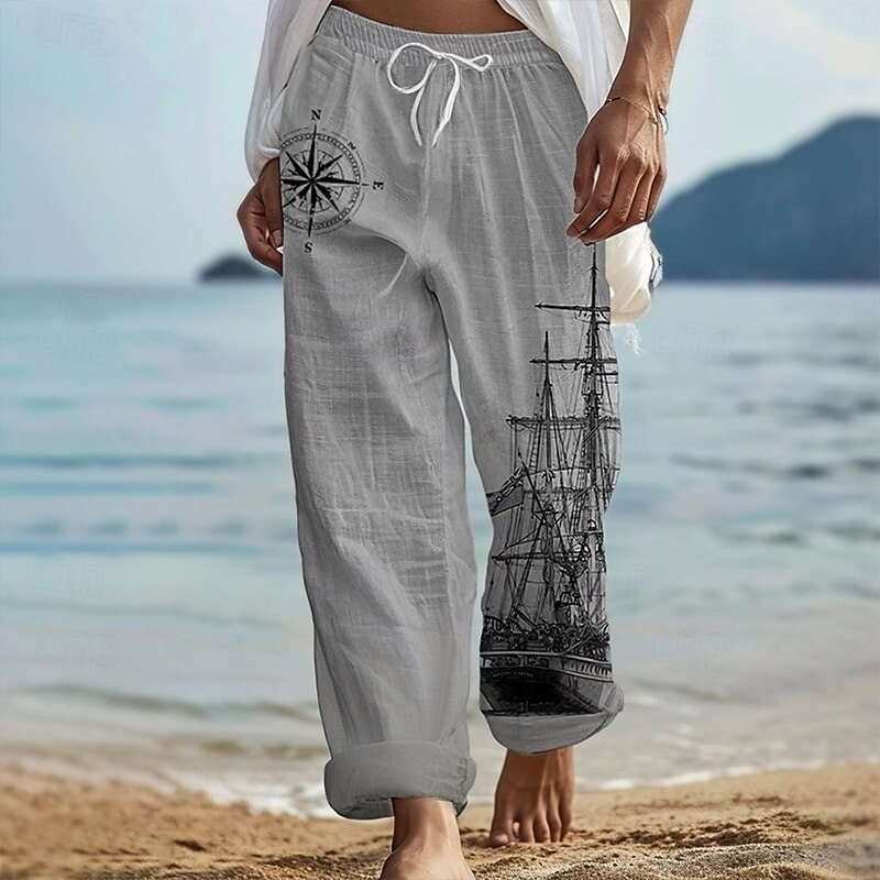 Men's Hawaiian Retro Pants Trousers 3D Print Straight Leg Trousers Mid Waist Drawstring Elastic Waist Outdoor Street Holiday Summer Spring Fall Relaxed Fit Inelastic