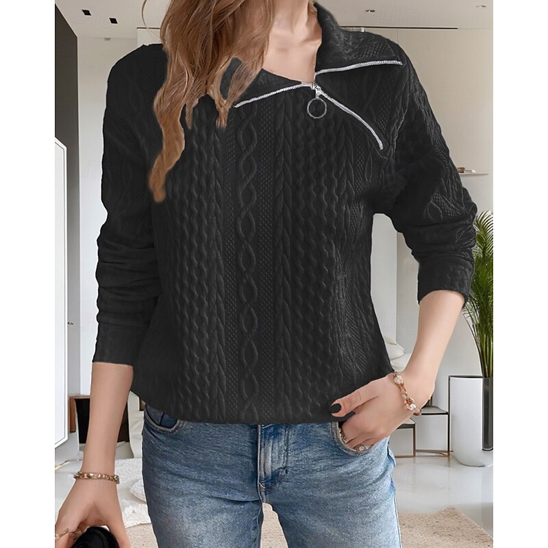 Women's Texture Sweatshirt Pullover Plain Streetwear Casual Comfy Long Sleeve V Neck Regular Tops Street Holiday Going out Half Zip Black White Gray Fall3