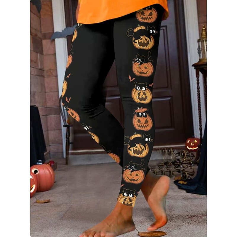 Women's Leggings Vacation Vintage Fashion Ankle-Length High WaistPantsHalloween Graphic Pumpkin Printing Soft Breathable Stretchy Outdoor Daily Dark Grey Black Orange Spring Fall Winter Slim Fit3