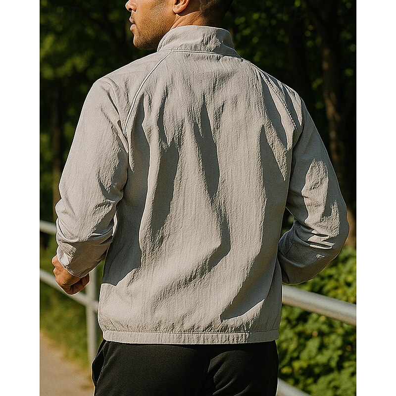 Men's Running Jacket Outdoor Jacket Pocket Long Sleeve Top Athleisure Solid Colored Waterproof Windproof Lightweight Breathable Gym Workout Hiking Running Sportswear Activewear Black Light Grey Green2