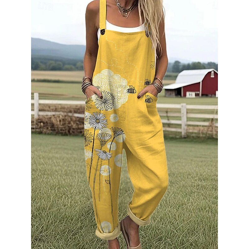 Women's Jumpsuit Active Graphic Sleeveless Sleeveless Wide Leg Pocket Buttons Vacation Street Loose Fit White Yellow Brown Summer3