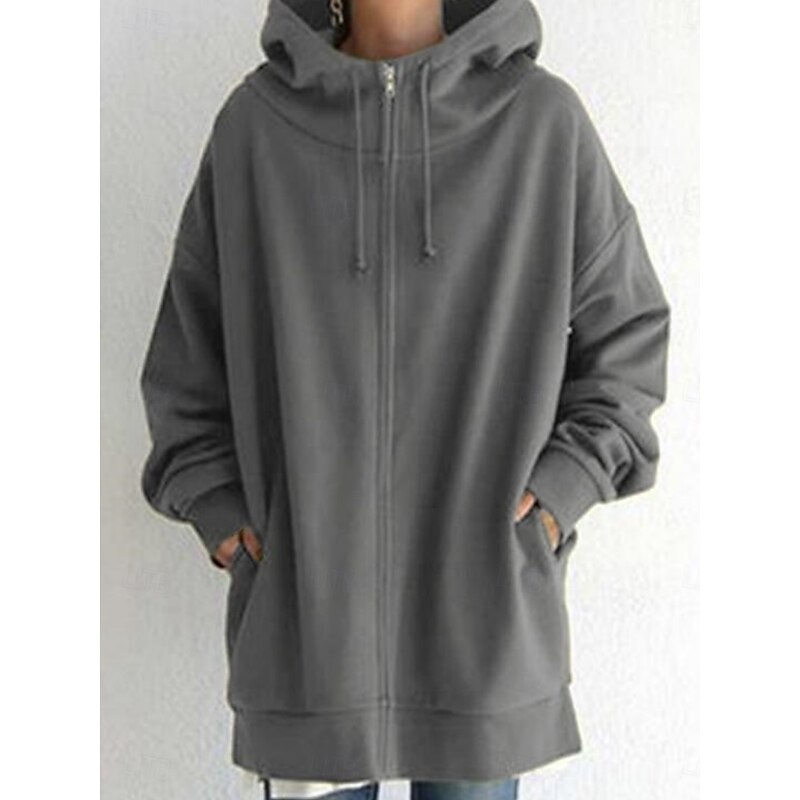 Women's Casual Jacket Hoodie Jacket Comfortable Breathable Zipper Pocket Casual Plain Street Casual Daily Wear Zipper Long Hooded Regular Fit Long Sleeve Outerwear Black Red Khaki Spring Fall2