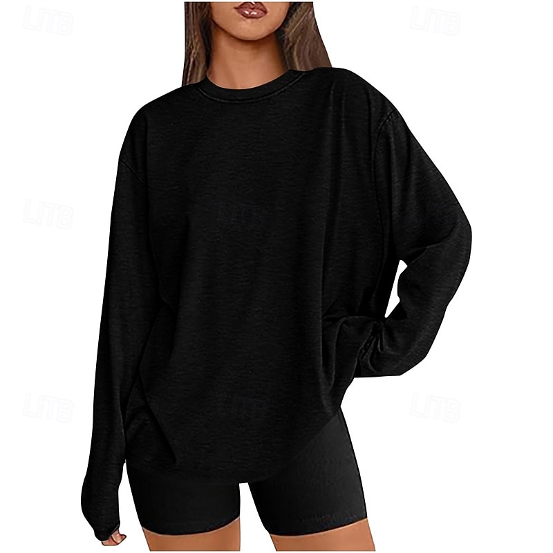 Women's Texture Blouse T Shirt Plain Fashion Modern Long Sleeve Crew Neck Regular Tops Daily Black White Gray Summer2