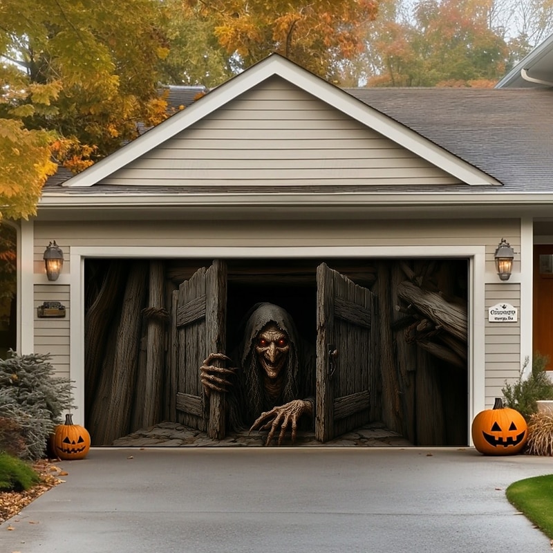 Halloween Garage Door Cover – Creepy Figure Behind Wooden Doors, Spooky Outdoor Decoration for 2025 Halloween Home Front Yard4