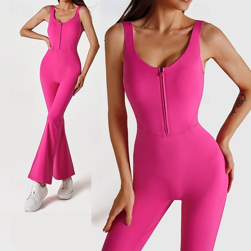 Women's Scrunch Yoga Romper Workout Jumpsuits Zipper Solid Color Bodysuit Rose Red Gym Dance Athletic High Waist Stretchy Breathable Tummy Control Sleeveless Sport Activewear Tight Fit