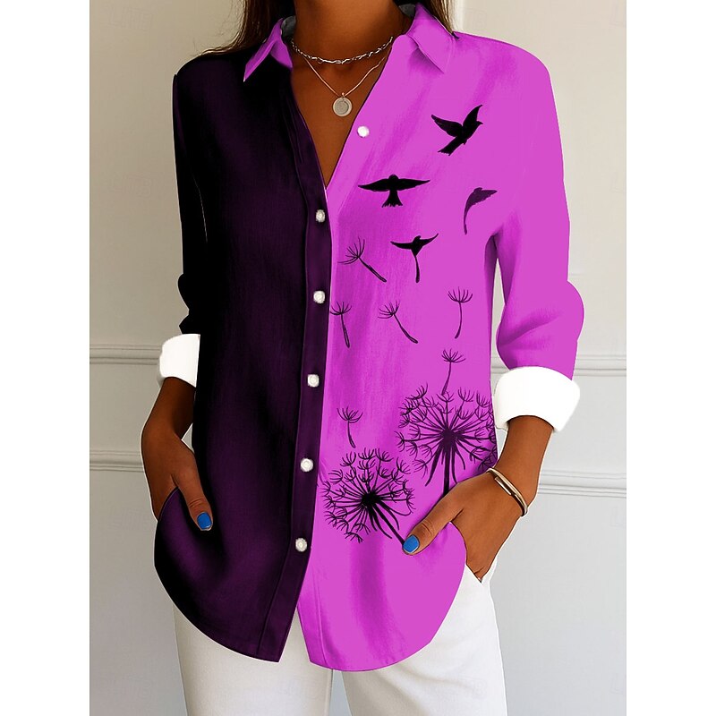 Women's Shirt Button Down Tunic Shirt Collar Long Sleeve Floral Graphic Bird Elegant Vintage Tropical Regular Tops Work Daily s Print White Pink Blue Green Spring4