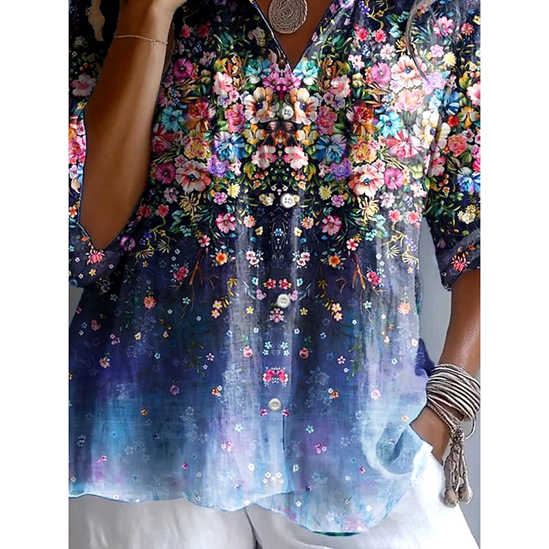 Women's Shirt Button Down Tunic Shirt Collar Long Sleeve Ombre Floral Graphic Vintage Tropical Daily V Neck Regular Tops Work Daily Holiday s Print Navy Blue Spring Fall3