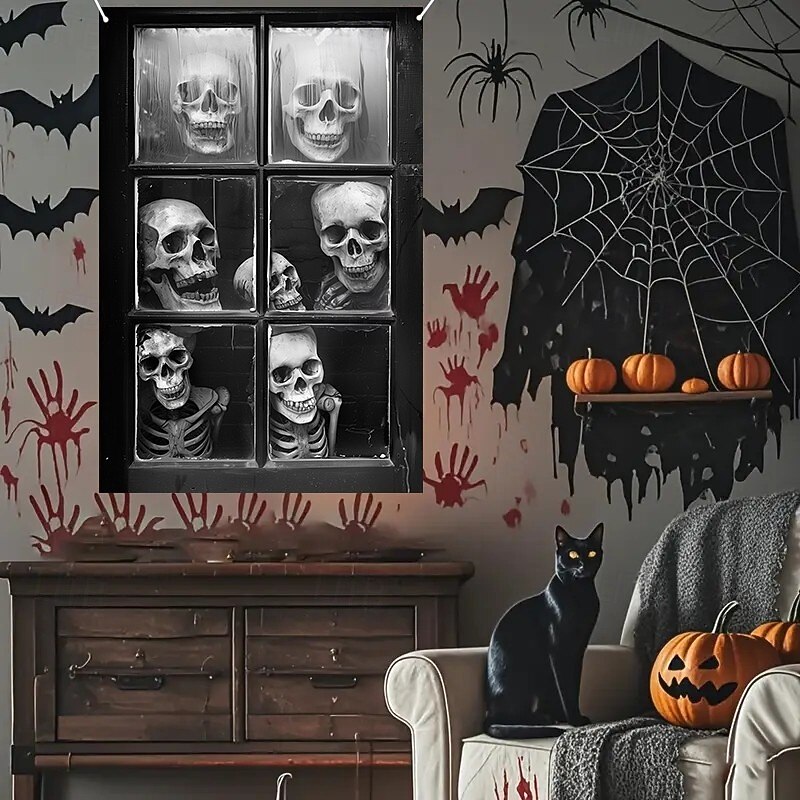 Halloween Window Curtain Creepy Skull Collage Black and White, Scary Door Cover, Window cover,  Wall Tapestry for 2025 Halloween Haunted House and Home decoration4