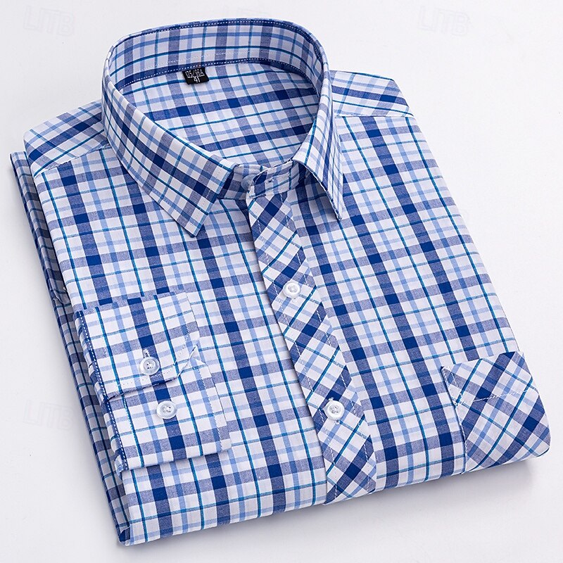 Men's Shirt Dress Shirt Collared Shirt Button Up Shirt Plaid / Striped / Chevron / Round Daily Wear Corporate Clothing Yellow Red Dark Navy Blue Long Sleeve Shirt Collar All Seasons Clothing Apparel2