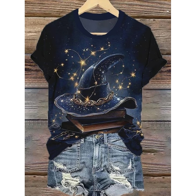 Halloween Women's T shirt Witch Graphic Vintage Fashion Stylish Short Sleeve Round Neck Regular Tops Daily Going out Weekend Print Black Blue Summer