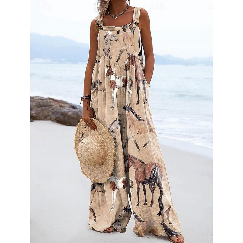 Women's Jumpsuit Active Graphic Sleeveless Wide Leg Vacation Street Loose Fit Black White Beige Summer