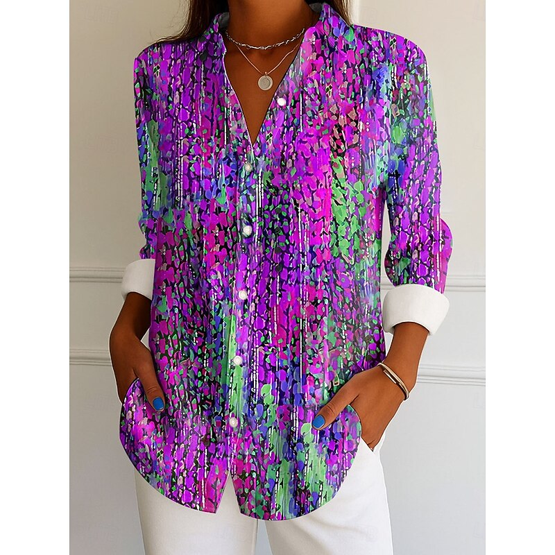 Women's Shirt Button Down Tunic Shirt Collar Long Sleeve Ombre Graphic Elegant Vintage Tropical Regular Tops Work Daily s Print Blue Purple Orange Green Spring4