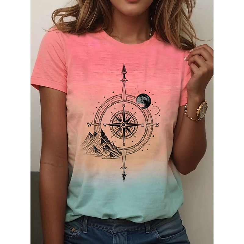 Women's T Shirt Ombre Graphic Vintage Stylish Classic Short Sleeve Crew Neck Regular Tops Daily Weekend Print Pink Blue Orange Green Summer Spring