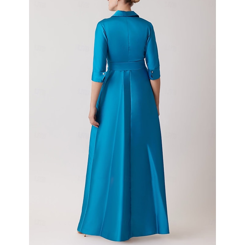 A-Line Mother of the Bride Evening Gown Elegant Dress Formal Wedding Guest Floor Length Half Sleeve Lapel Pocket Stretch Satin with Bow(s) Pocket Strappy2