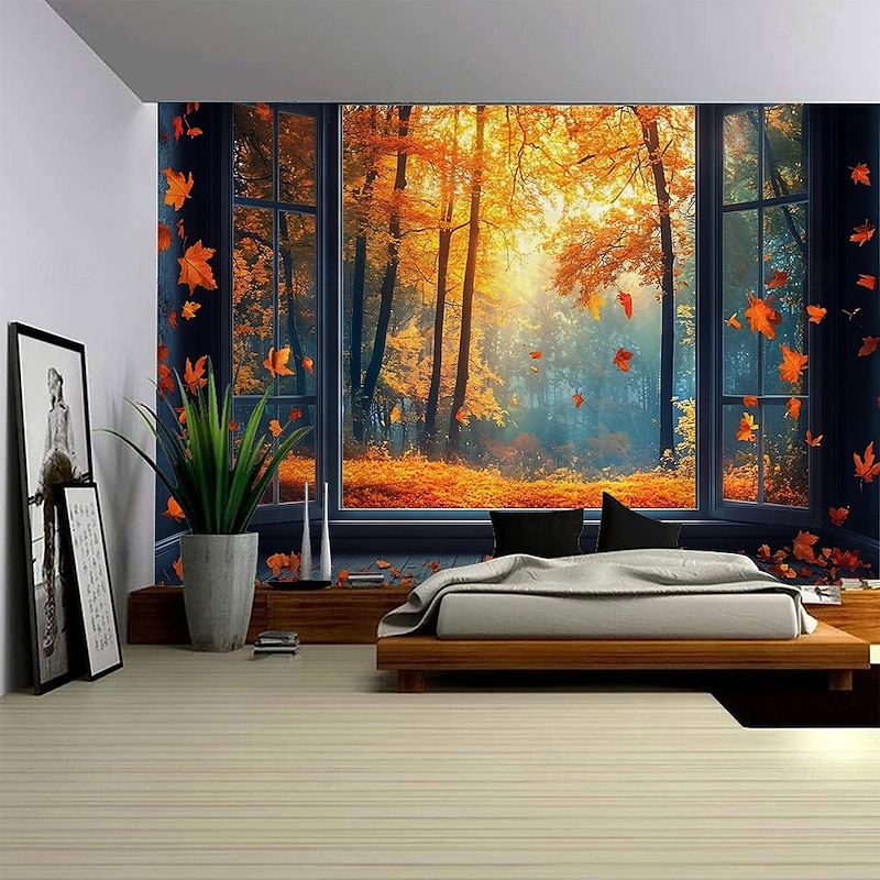 Fall Autumn Yellow Leaves Plant Landscape Outside The Window 2d Flat Hanging Tapestry Mural Art Large-Scale Tapestry Mural Decoration Photos Background Carpet Curtains Home Bedroom Living Room Decora4