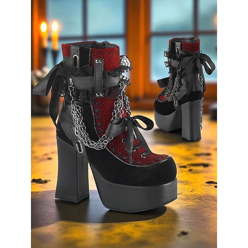 Women's Gothic Platform Lace-Up Boots – Black and Red High Heel Ankle Boots with Chains and Lace Trim for Punk Rock, Halloween & Cosplay Outfits4