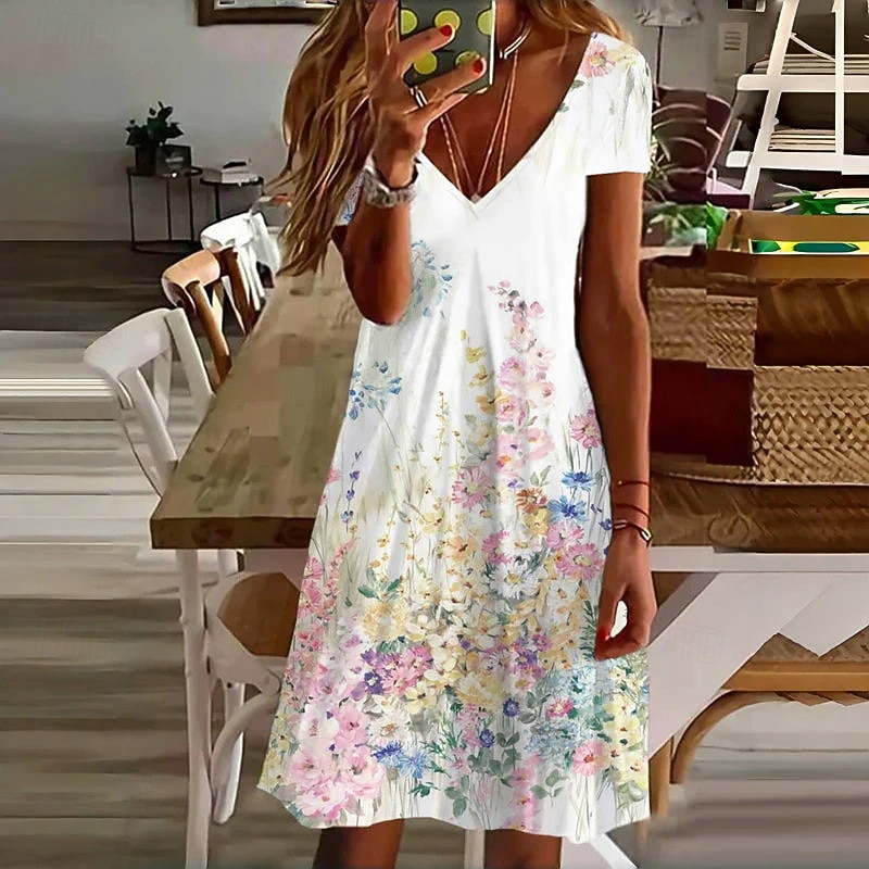 Women's Mini Dress Casual Dress Summer Dress Fashion Modern Daily Beach Weekend Regular Fit Floral Short Sleeve V Neck Pink Red Blue Orange Spring Fall4