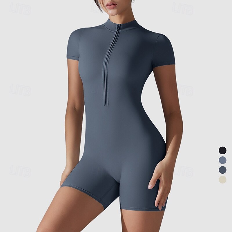 Women's Scrunch Yoga Romper Workout Jumpsuits Zipper Solid Color Bodysuit Black Blue Gym Workout Volleyball Running High Waist Stretchy Breathable Tummy Control Short Sleeve Sport Activewear Tight Fit4