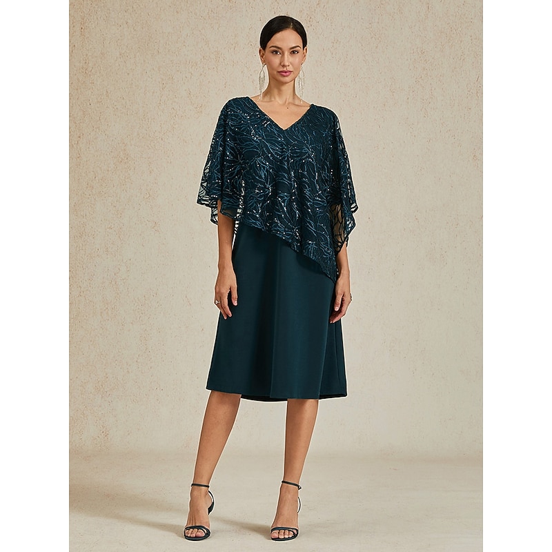 Women's Tea Length Formal Dress A Line Dress Cape Dress Elegant Wedding Wedding Guest Cocktail Party Regular Fit Plain Half Sleeve V Neck Dark Green Summer Spring Fall