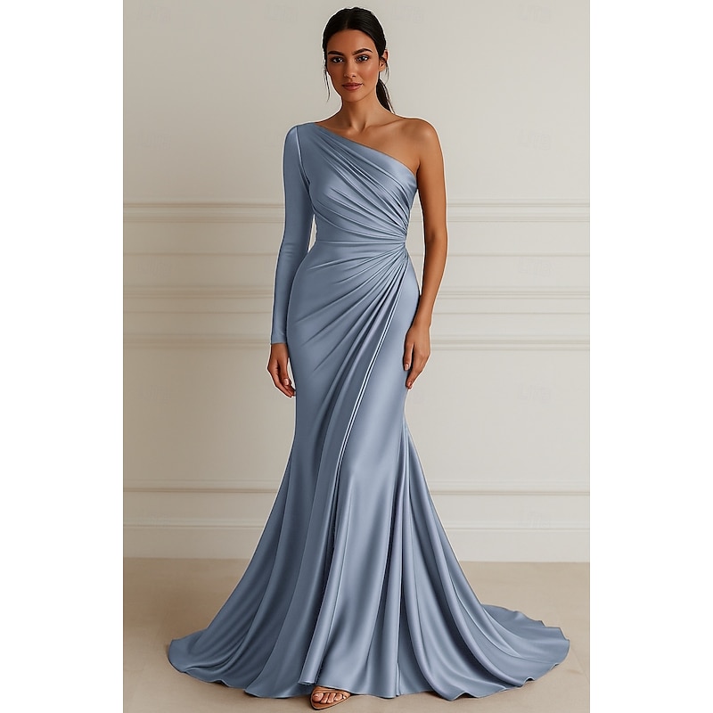 Mermaid / Trumpet Evening Gown Elegant Dress Formal Wedding Floor Length Long Sleeve One ShoulderDress Stretch Satin with Pleats4