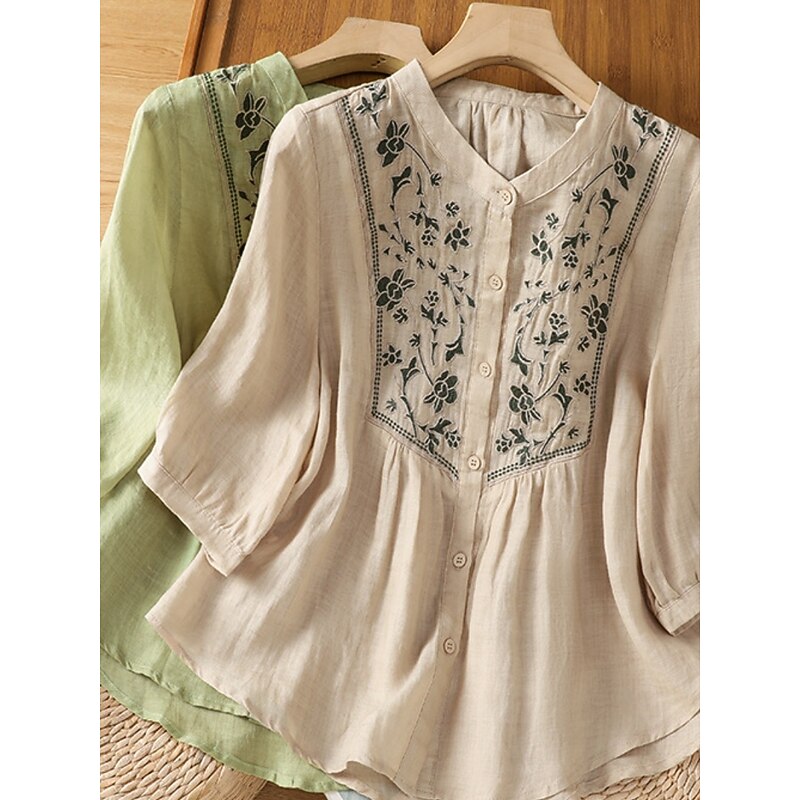 Women's Cotton Linen Shirts Floral Bohemia Casual 3/4 Length Sleeve Crew Neck Regular Tops Daily Embroidered Green Apricot Summer Spring Fall2