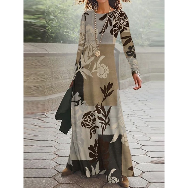 Women's Maxi Dress Vintage Bohemian A Line Dress Crew Neck Long Sleeve Casual Daily Regular Fit Graphic Geometric Light Green Orange Brown Spring Fall Winter Autumn3