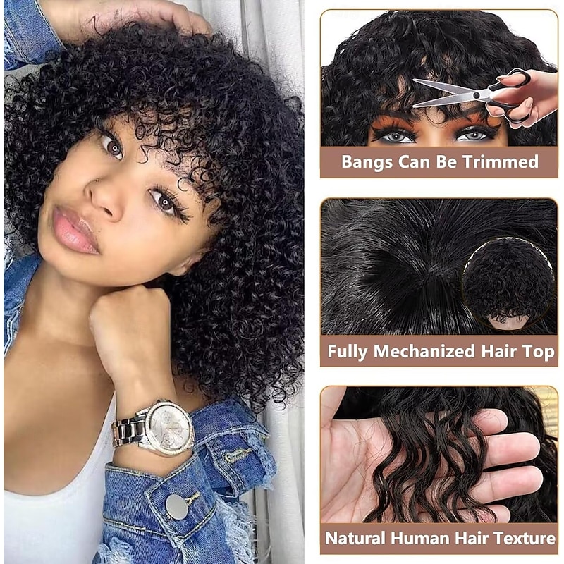 Curly Human Hair Wig With Bangs 100% Brazilian Human Hair Curly Wigs Scalp Full Machine Made Wig for Black Women L Curly Wigsn Human Hair Natural Color3