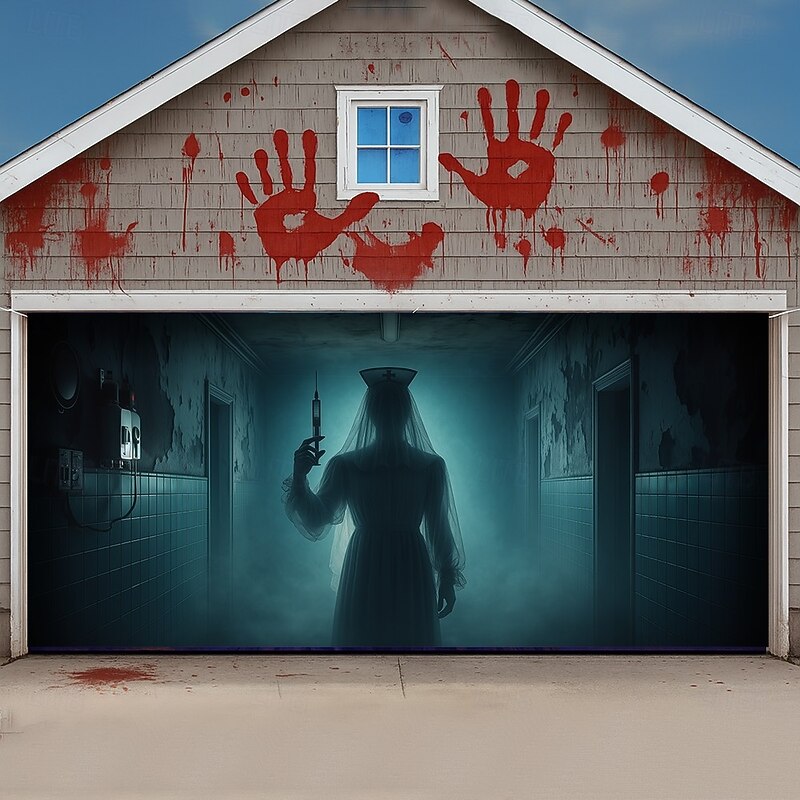 Halloween Garage Door Cover Banner Backdrop – Shadow Figure in Fog, Oversized Garage Door Decoration, Easy to Hang with Adhesive Hooks or Rope, Outdoor Decoration for 2025 Halloween3