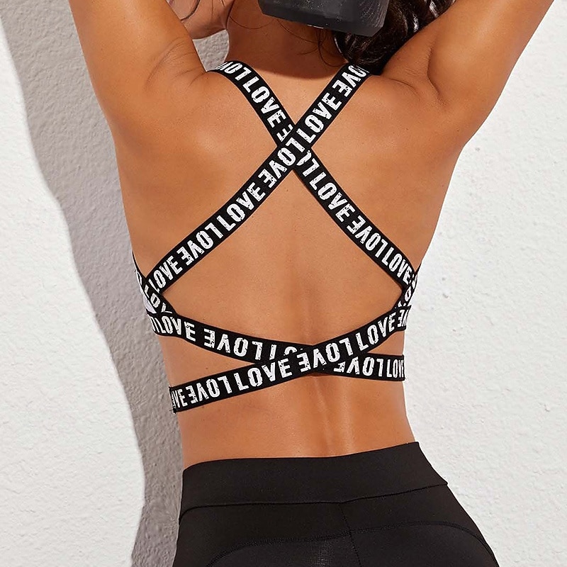Women's Yoga Bra Sports Bra Underwear Support Breathable Wireless Criss Cross Back Cami Letter Sport Activewear Black White Gym Volleyball Running2