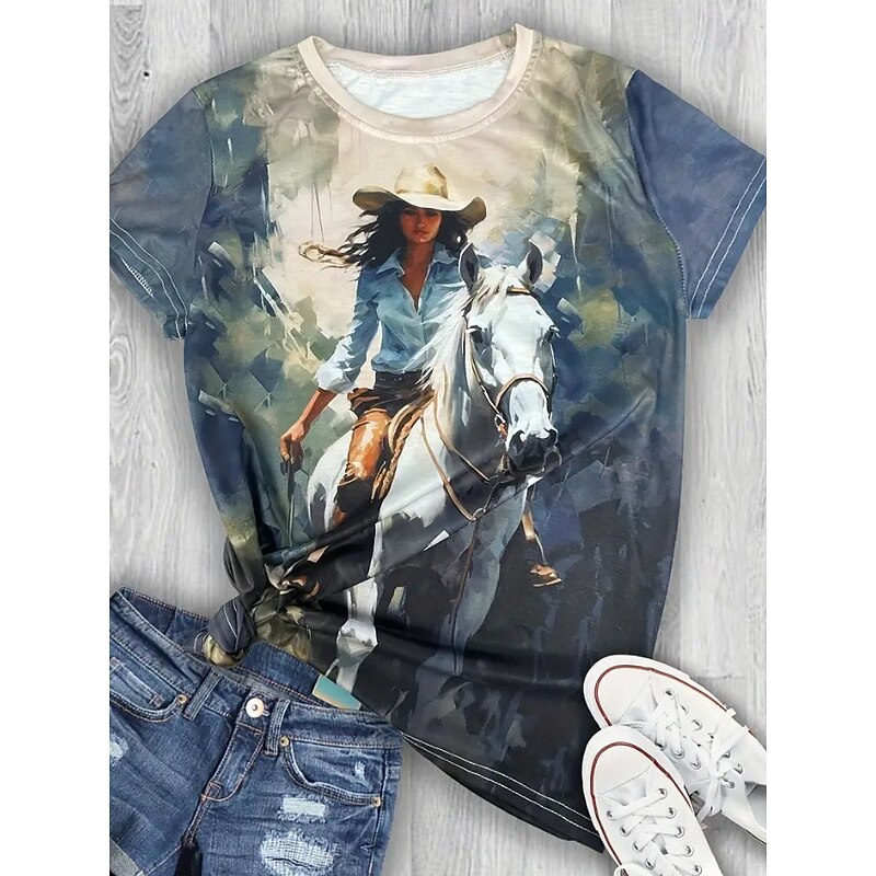 Women's T Shirt Graphic Animal Horse Vintage Stylish Classic Short Sleeve Crew Neck Round Neck Regular Tops Daily Weekend Print Black White Blue Dusty Blue Summer Spring4