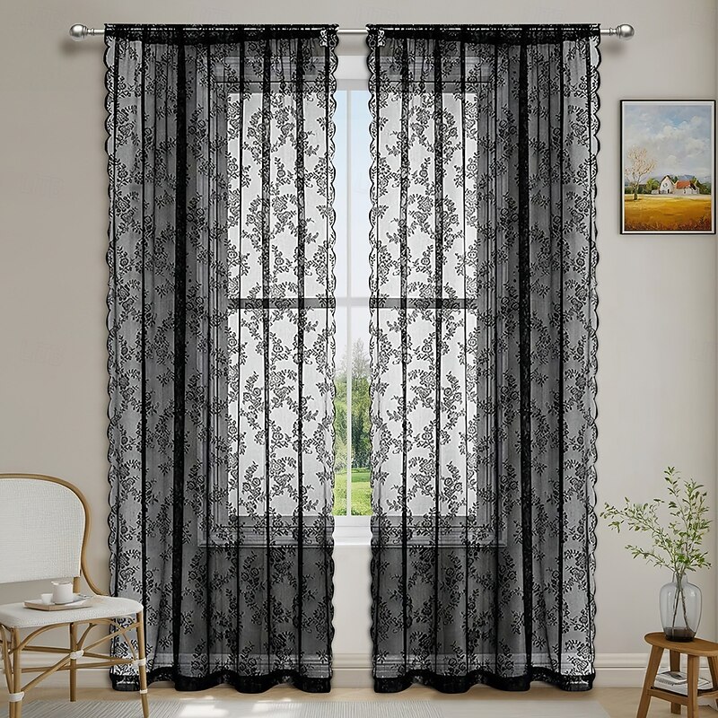 Curtain Drapes Jacquard Lace Border Grommet Curtains - Ready-Made Sheer Country-Style Outdoor Drapes