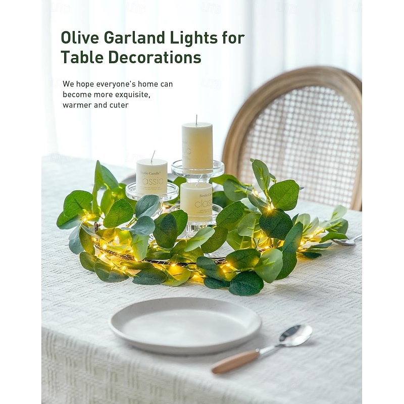 Artificial Eucalyptus Garland with Lights, Lighted Spring Garland Battery Operated for Mantel Fireplace Wedding Spring Valentine Decoration3