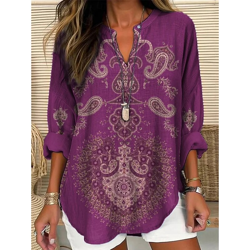 Women's Shirt Sparkly Vintage Daily Casual Long Sleeve V Neck Regular Tops Daily Holiday Buttons Print Purple Spring Fall