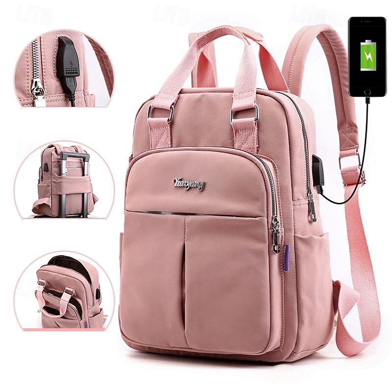 Women's Pink USB Charging Backpack – Stylish Waterproof Travel and School Bag with Laptop Compartment and Luggage Strap