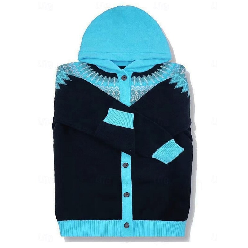 Women's Winter Coat Warm Comfortable Pocket Fashion Daily Geometric Outdoor Casual Daily Single Breasted Regular Hooded Regular Fit Long Sleeve Outerwear Blue Fall Winter2