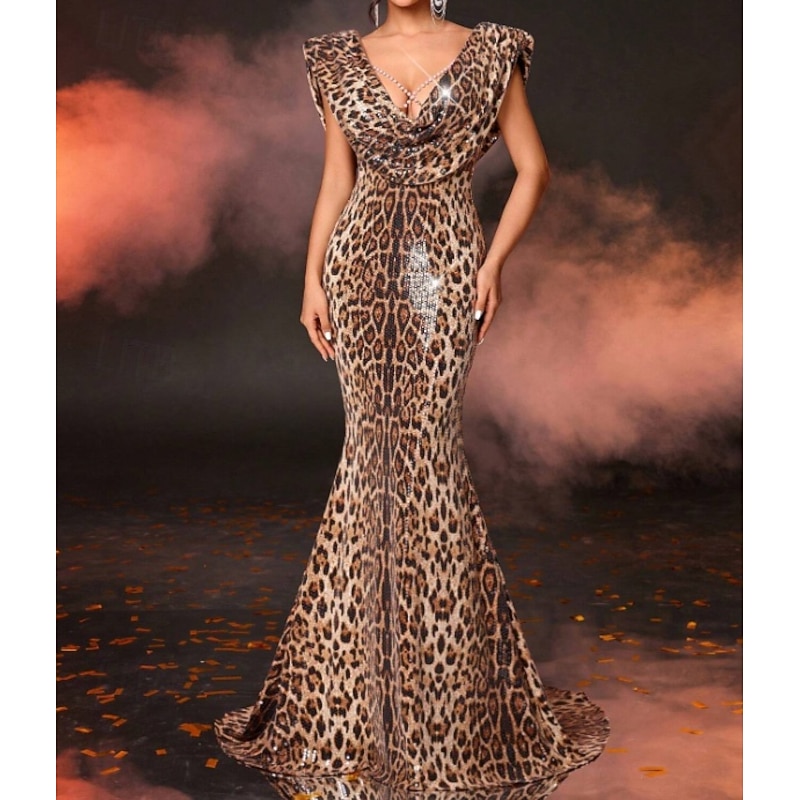 Leopard Print Sequin Mermaid / Trumpet Evening Gown Drapped Plunge Neck Gown Formal Wedding Sweep / Brush Train Sleeveless Stretch Fabric with Pearls Sequin3