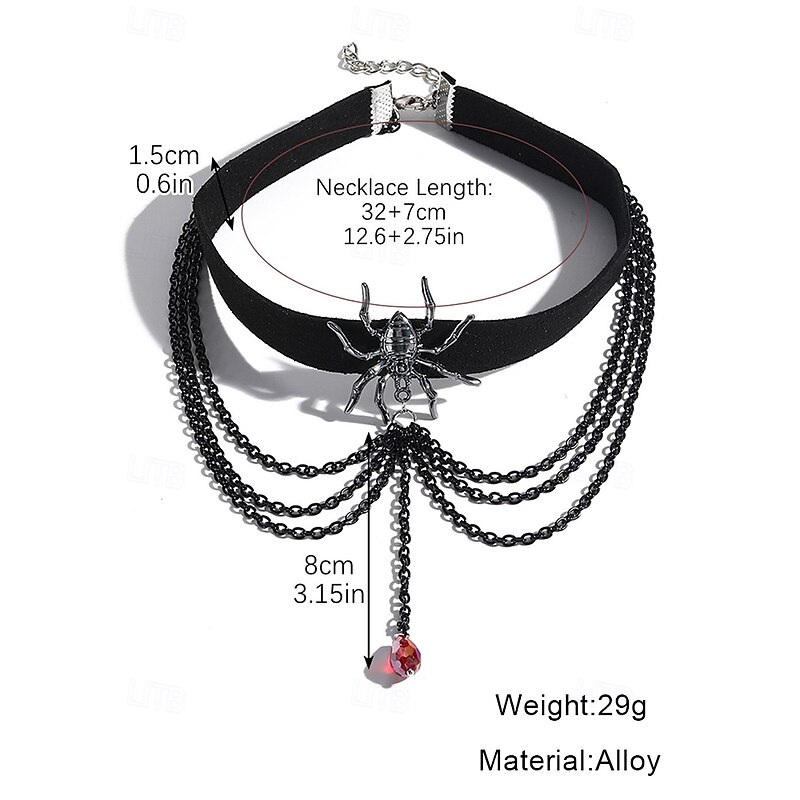 Women's Gothic Spider Choker Necklace – Black Velvet with Alloy Spider Pendant, Red Gem Chain Layers, Adjustable Fit, Ideal for Halloween Cosplay, Parties and Gothic Fashion4