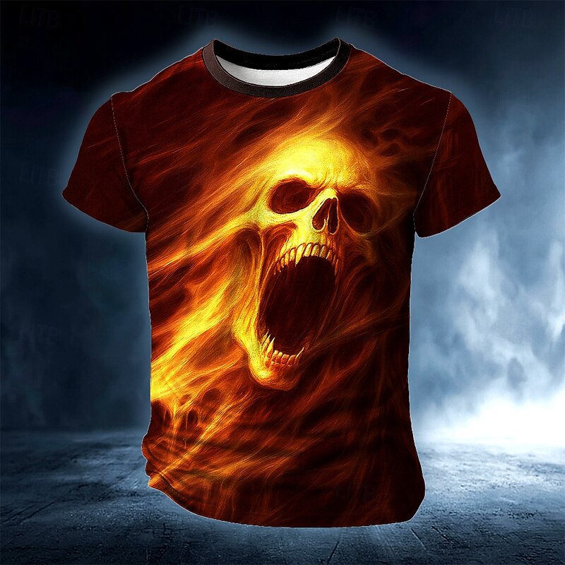 Halloween Men's Skull Optical Illusion 3D T Shirt Short Sleeve T shirt 3D Print Crew Neck Shirt Exaggerated Designer Horror Party Street Casual Yellow Blue Orange Summer Spring All Seasons Clothing3