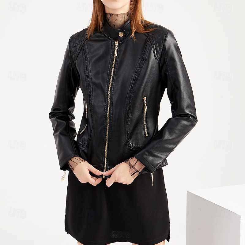 Women's Faux Leather Jacket Comfortable Pocket Full Zip Fashion Street Style Plain Outdoor Casual Daily Regular Stand Collar Regular Fit Long Sleeve Outerwear Black Champagne Red Spring Fall4