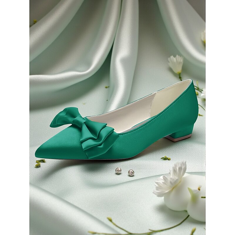 Women's Green Satin Bow Pointed Toe Flats - Elegant Low-Heel Dress Shoes for Formal Weddings and Special Occasions