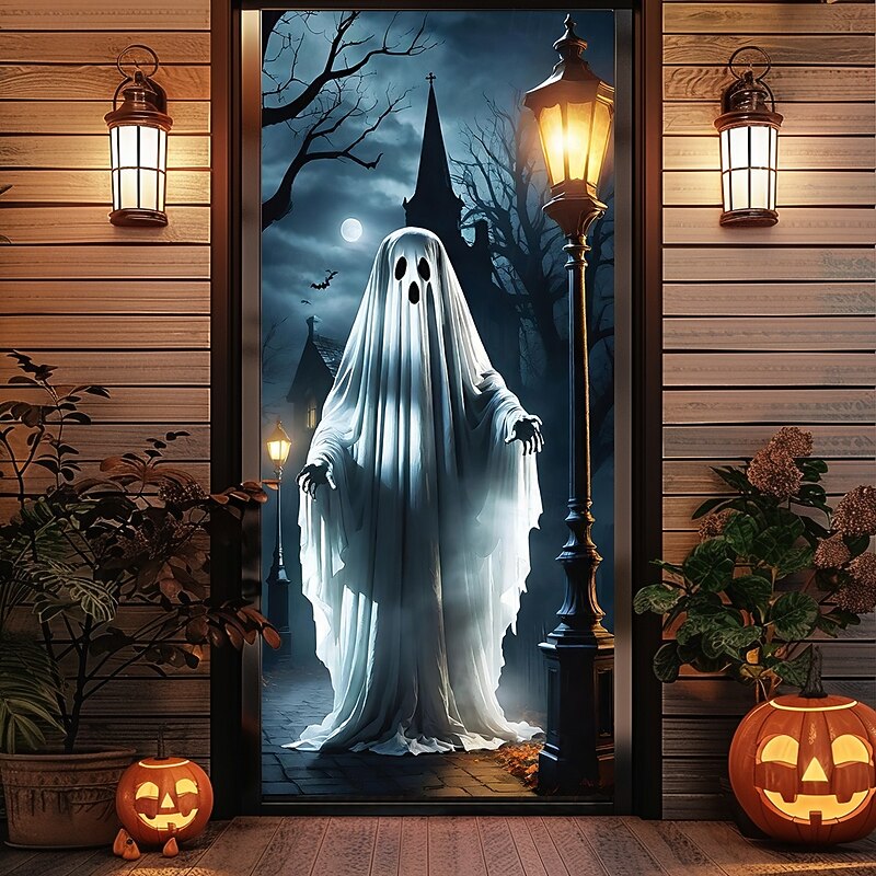 Halloween Door Covers Ghost Door Tapestry Door Curtain Decoration Backdrop Door Banner for Front Door Farmhouse Holiday Party Indoor Outdoor Decor Supplies3