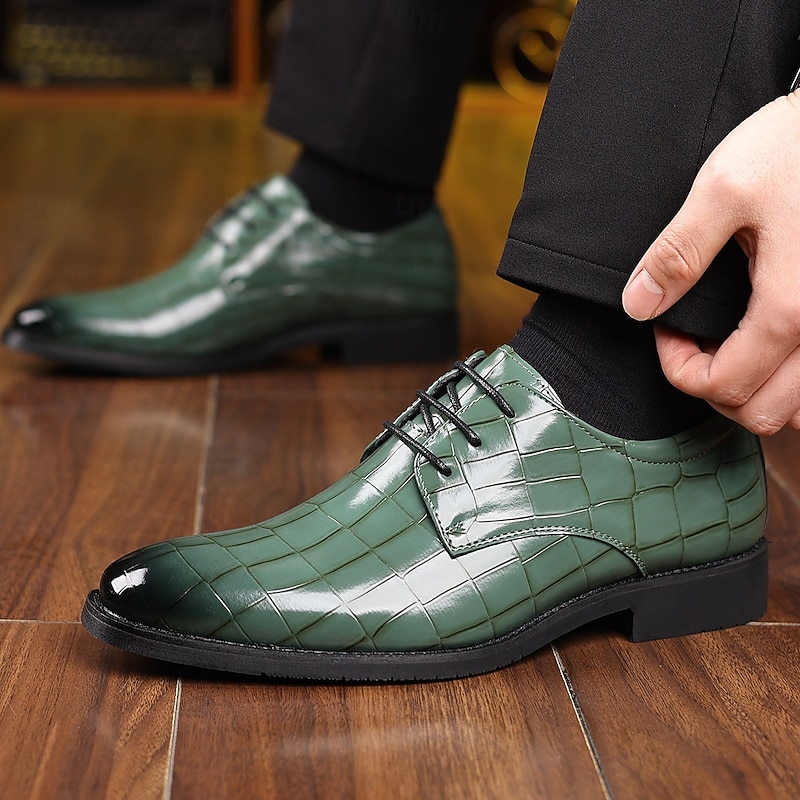 Men's Green Crocodile Print Faux Leather Oxford Shoes – Glossy Lace-up Style for Stylish Gentlemen, Cocktail Parties and Luxury Gatherings2